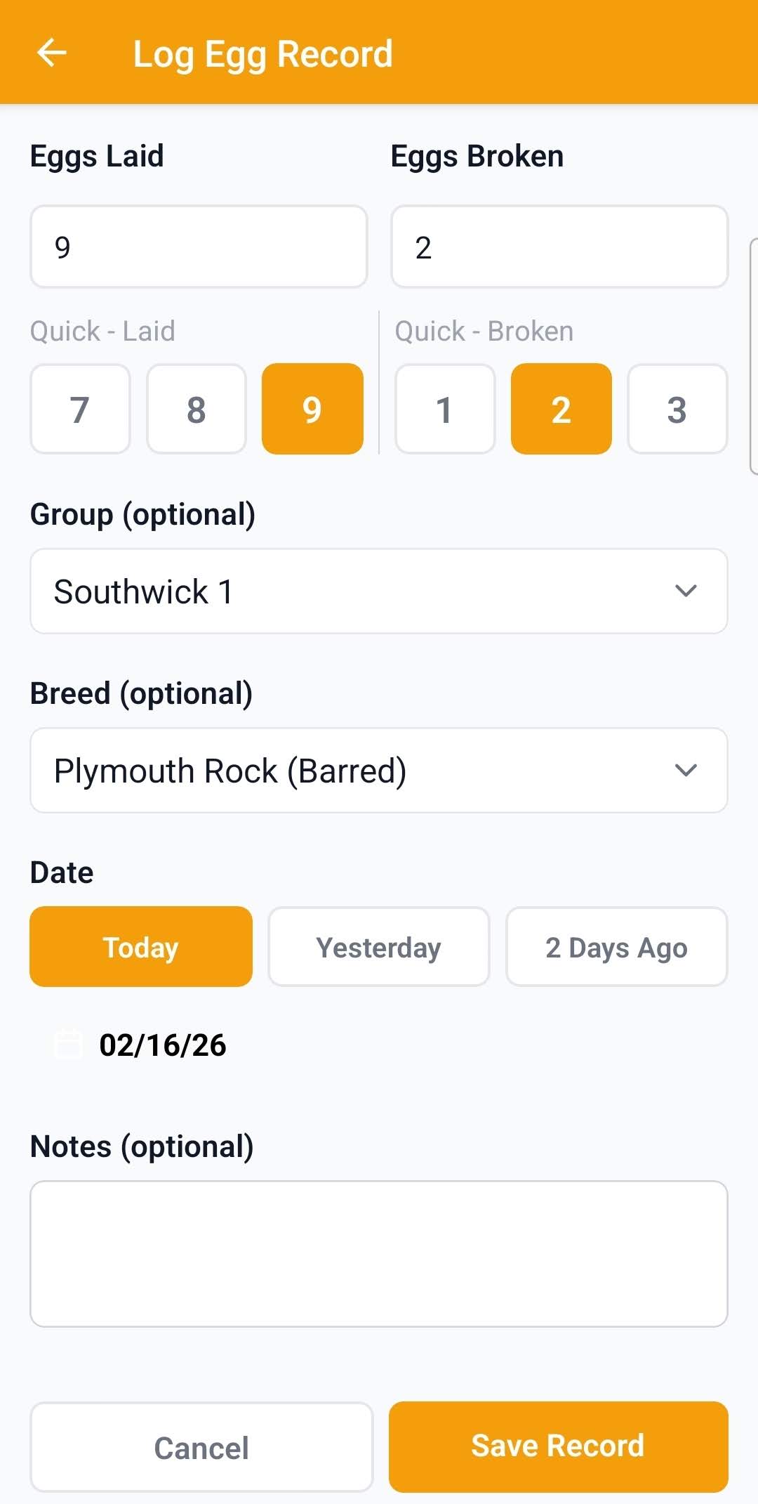 Livestock Tracker egg log screen